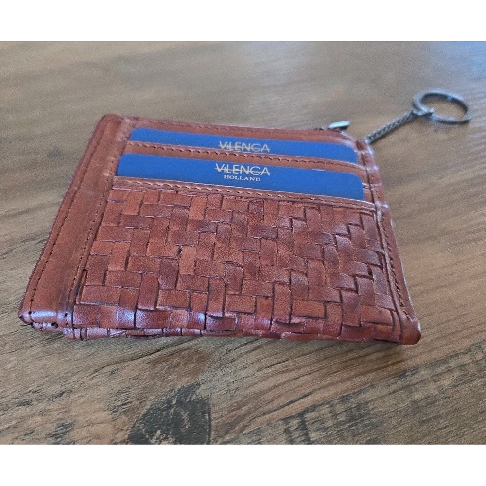Vilenca Holland Basket Weave Zip Leather Card Coin Case Wallet Keychain NEW - Picture 4 of 11